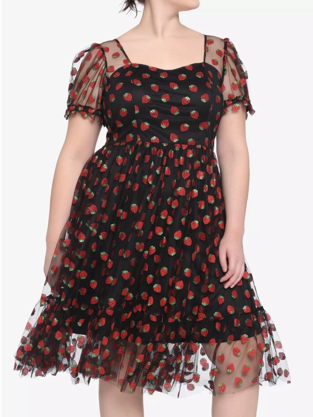 Hot Topic 5X Strawberry Glitter Black Tulle Whimsigoth Sweetheart Dress NWT